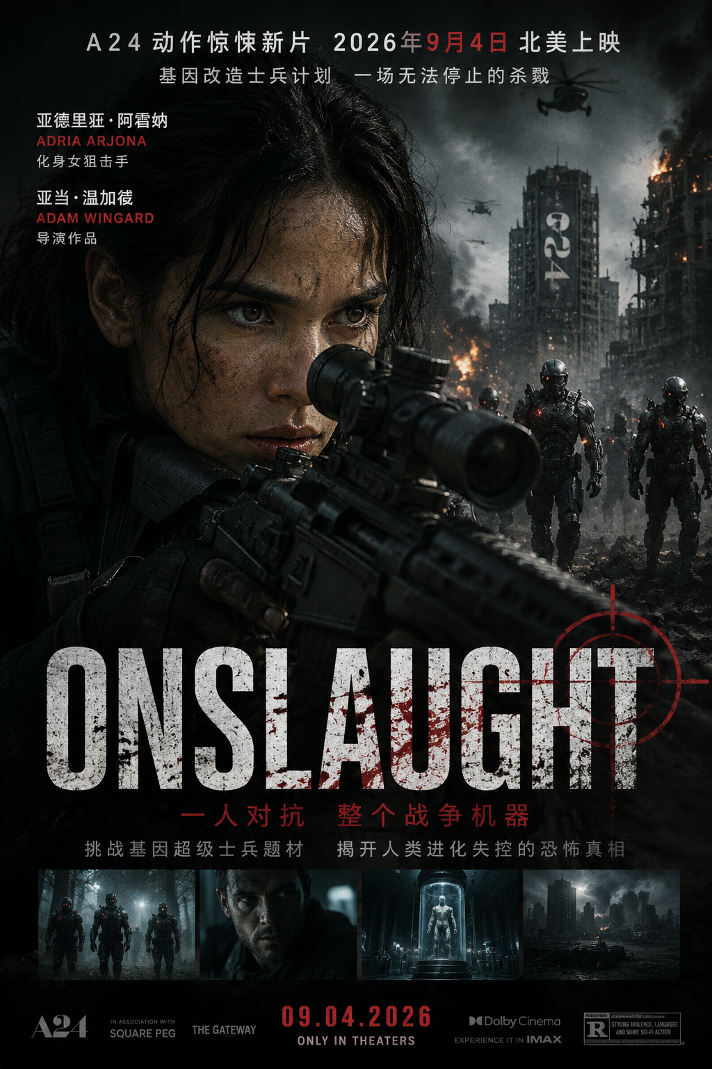 《Onslaught》2026最新影视资讯：A24动作惊悚新片9月4日上映，亚德里亚·阿霍纳化身女狙击手，亚当·温加德挑战基因超级士兵题材封面图
