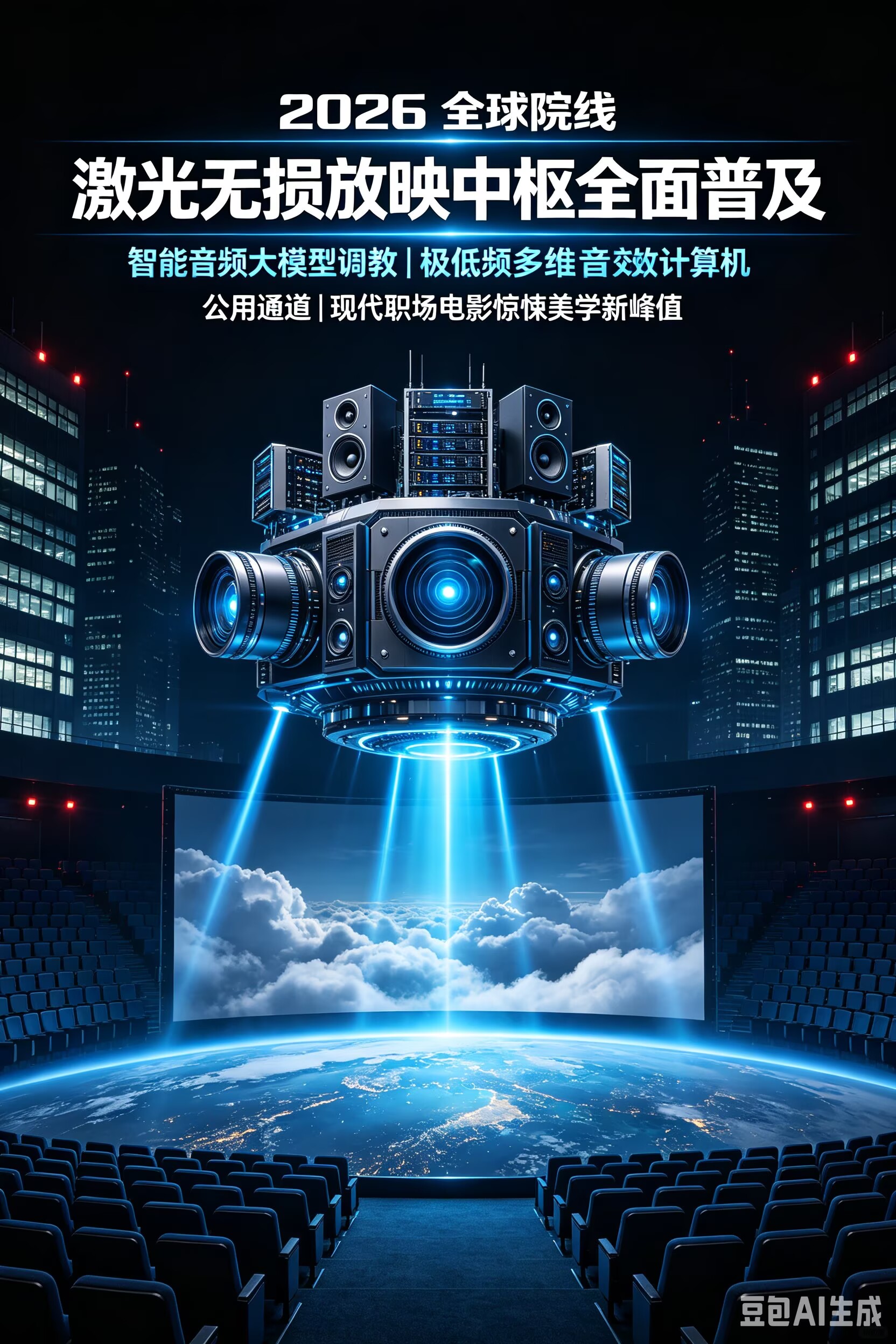 2026全球院线激光无损放映中枢全面普及：智能音频大模型调教、极低频多维音效总线与现代职场电影惊悚美学新峰值封面图