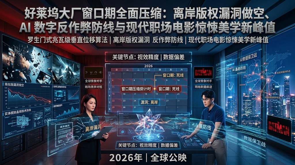 2026好莱坞大厂窗口期全面压缩：离岸版权漏洞做空、AI数字反作弊防线与现代职场电影惊悚美学新峰值封面图