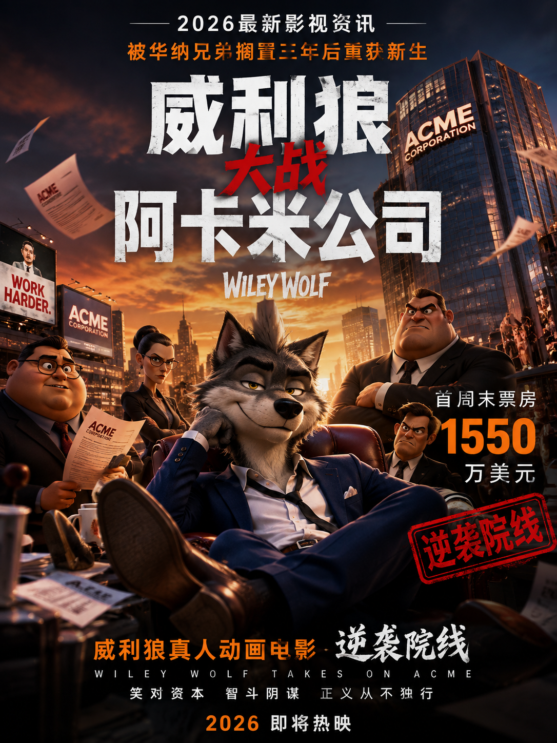 《威利狼大战阿卡米公司》2026最新影视资讯：被华纳兄弟搁置三年后重获新生，首周末票房1550万美元，威利狼真人动画电影逆袭院线封面图